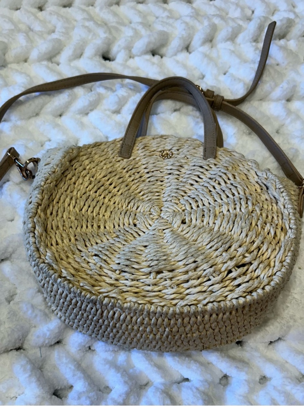 Lauren Conrad Round Woven Crossbody Bag in Natural Straw with Tan Trim